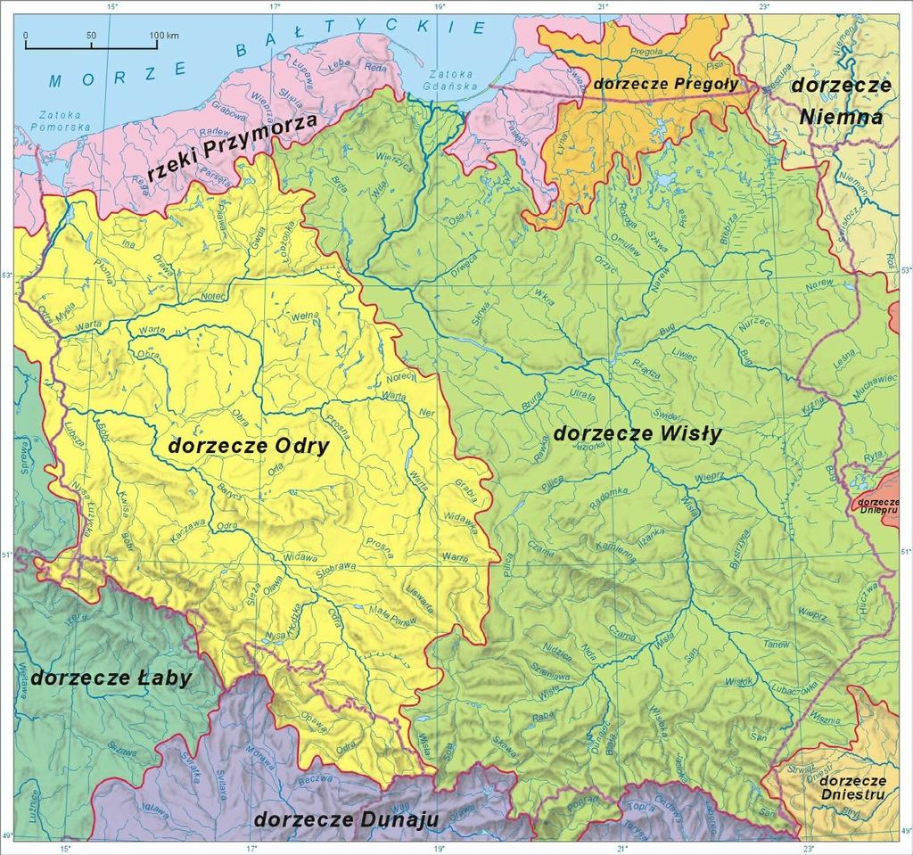 Polska leży głównie w zlewisku Morza Bałtyckiego: w dorzeczu Wisły i Odry. w dorzeczu Niemna (niewielkie fragmenty), w dorzeczu niewielkich rzek Przymorza (leżących głównie na Poj. Pomorskim).