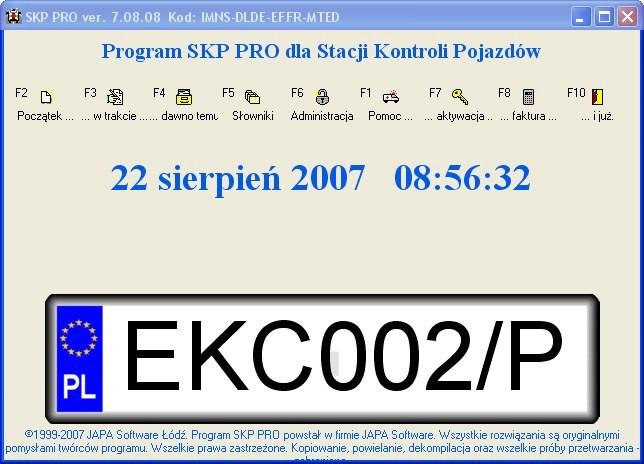 F2 - początek...(rejestracja pojazdu) F3 - w trakcie...(badanie pojazdu) F4 - dawno temu...(archiwum) F5 - Słowniki...(konfiguracja danych) F6 - Administracja.