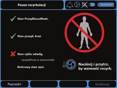 Krok 27 Odczekać, aż system wykona autotest Jeśli podczas recyrkulacji zostanie stwierdzony błąd w systemie, pompa zostanie zatrzymana, obok nieudanego sprawdzianu pojawi się czerwony znak X, a na