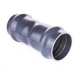 Asortyment Nasuwka dwukielichowa PN 10 90 266 110 285 160 341 PVC-U slip coupling double socket PN-EN ISO 1452-3 Kształtki posiadają fabrycznie zamontowane uszczelki trójwargowe.