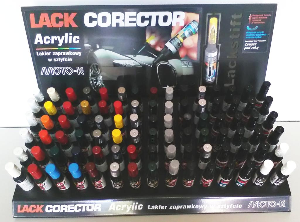 LAKIER ZAPRAWKOWY W SZTYFCIE Lack Corector - Lack Acrylic Zestaw zawiera szeroką gamę lakierów akrylowych stosowanych w popularnych markach samochodów na