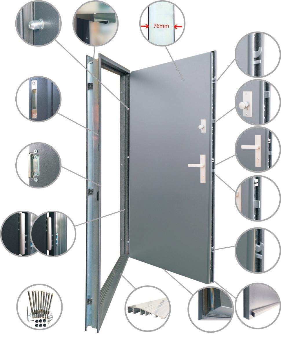 Drzwi zewnętrzne DRZWI OPTIMUM (drzwi wejściowe zewnętrzne) Komplet drzwi Optimum obejmuje w standardzie: Ościeżnica 2 laminowana z uszczelką 3 bolce antywyważeniowe Skrzydło drzwiowe o grubości 76