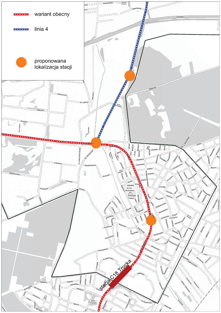 Z uwagi na posadowienie wiaduktów w ciągu ulicy Św. Wincentego/Głębockiej nad Trasą Toruńską konieczne jest odgięcie linii metra w kierunku wschodnim.