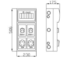 1 3,0 6242-00 Stopień ochrony, napięcie znamionowe N 1x(5x10mm²+2x16mm²) PE 1x(5x10mm²+2x16mm²) Norma: PN-EN 61439-3:2012 Miejsce na zabezpieczenia 8 modułów Wymiary: 230x506x175 mm U RS 8-MOD.