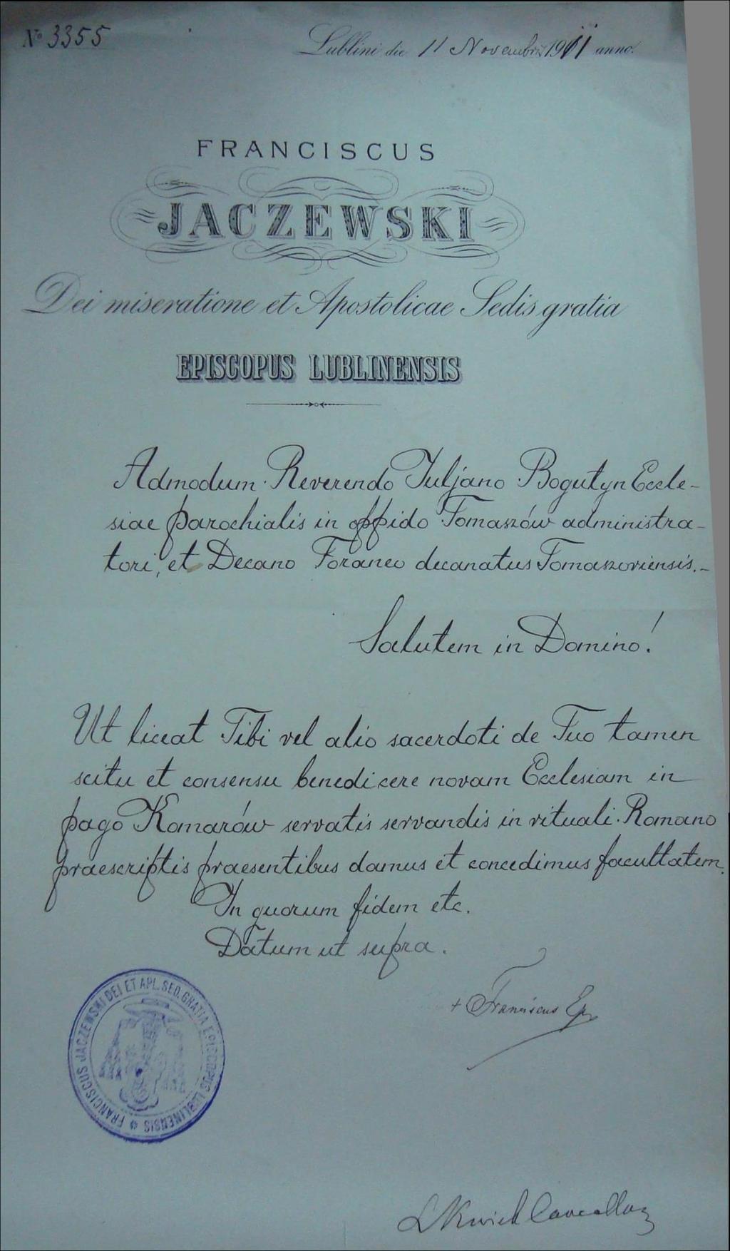 Monografia rzymskokatolickiej parafii Świętej Trójcy w Komarowie 23 Dokument 1 Rok 1911, 11 listopada.