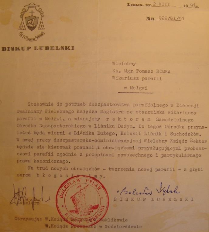 240 Monografia rzymskokatolickiej parafii Świętej Trójcy w Komarowie Dokument 10 Rok 1991, 2 sierpnia. Mianowanie, przez biskupa lubelskiego Bolesława Pylaka, ks.