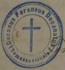 Monografia rzymskokatolickiej parafii Świętej Trójcy w Komarowie 27 Pieczęć 6 Rok 1916. Odcisk pieczęci urzędowej dziekana tomaszowskiego (Księga urodzeń, 1916-1925).