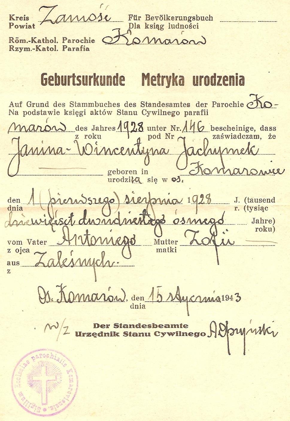 40 Monografia rzymskokatolickiej parafii Świętej Trójcy w Komarowie Dokument 3 Rok 1943, 15 stycznia.