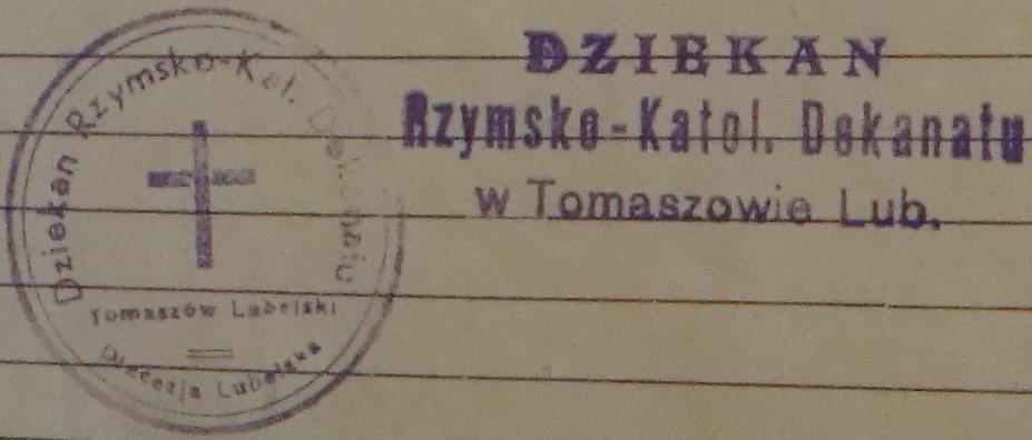 Monografia rzymskokatolickiej parafii Świętej Trójcy w Komarowie 41 Pieczęć 9 Rok 1946, 30 marca. Odciek pieczęci urzędowej i nagłówkowej dziekana dekanatu tomaszowskiego (Księga urodzeń, 1946-1948).
