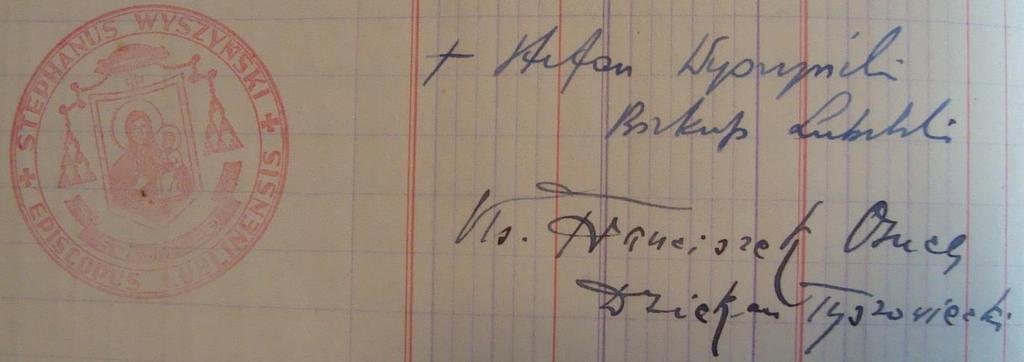 46 Monografia rzymskokatolickiej parafii Świętej Trójcy w Komarowie Dokument 4 Rok 1947, 15 września. Podpisy pod protokołem z wizytacji.