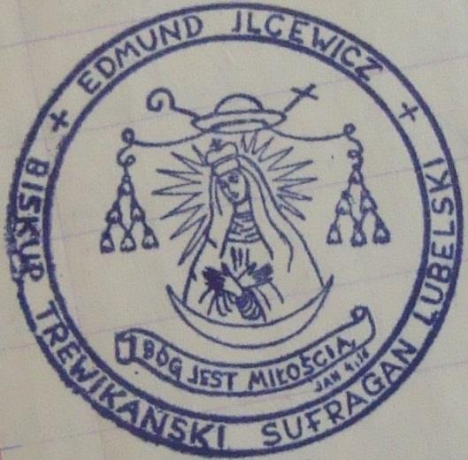64 Monografia rzymskokatolickiej parafii Świętej Trójcy w Komarowie Pieczęć 14 Rok 1977, 23 października. Odcisk pieczęci pomocniczego biskupa lubelskiego Edmunda Ilcewicza.