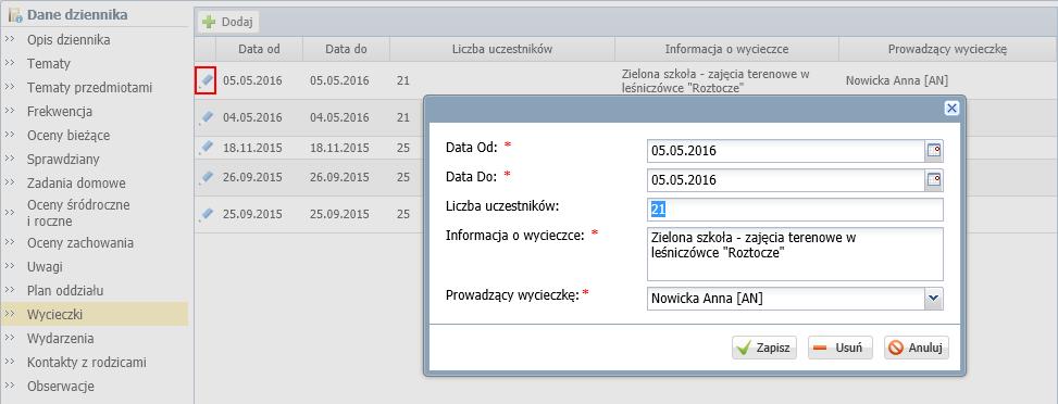 sprawdziany. Zadania domowe może wprowadzać do kalendarza z dowolnego przedmiotu, natomiast sprawdziany tylko z tych przedmiotów, do których przypisany jest w dzienniku jako nauczyciel uczący.