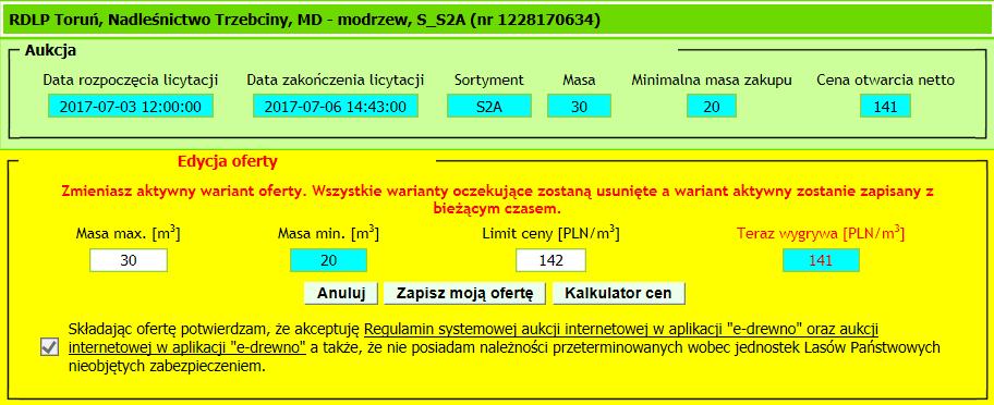 Rys. 53. Formularz składania ofert na stronie szczegółów aukcji w trybie edycji oferty System e-drewno posiada mechanizmy pozwalające ustrzec przedsiębiorcę przed błędnym wpisaniem ceny lub masy.