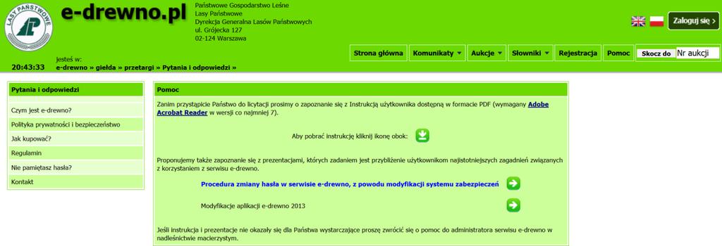 Rys. 11. Lokalizacja odnośnika do Pomocy i zawartość okna Pomoc 2.1.4. Wersje językowe Aplikacja e-drewno jest dwujęzyczna.