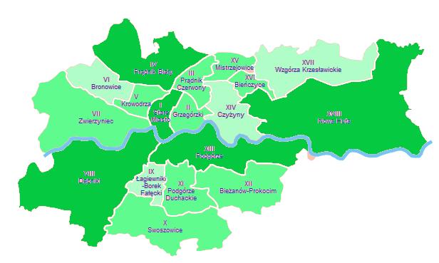 Mapa 3 Rozmieszczenie szkół podstawowych (łącznie samorządowych i niesamorządowych)* w poszczególnych dzielnicach Krakowa Tabela 3 Rozmieszczenie szkół podstawowych (łącznie samorządowych i