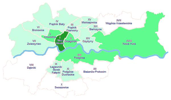 Mapa 5 Rozmieszczenie liceów ogólnokształcących (łącznie samorządowych i niesamorządowych)* w poszczególnych dzielnicach Krakowa Tabela 5 Rozmieszczenie liceów ogólnokształcących (łącznie