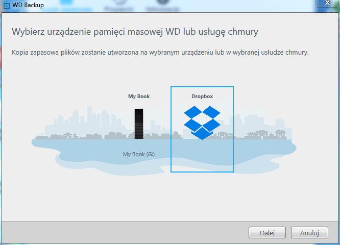 Otwórz okno dialogowe Wybierz urządzenie pamięci masowej WD lub usługę chmury, klikając: Dodaj plan kopii na ekranie WD Backup: Konfiguruj tworzenie kopii zapasowych w menu
