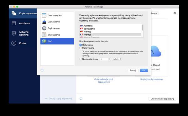 2.14 Ustawienia sieciowe na potrzeby tworzenia kopii zapasowej W trakcie tworzenia kopii zapasowej w usłudze Acronis Cloud dane są przesyłane do centrów danych Acronis znajdujących się w różnych