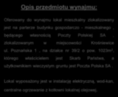 Opis przedmiotu wynajmu: Oferowany do wynajmu