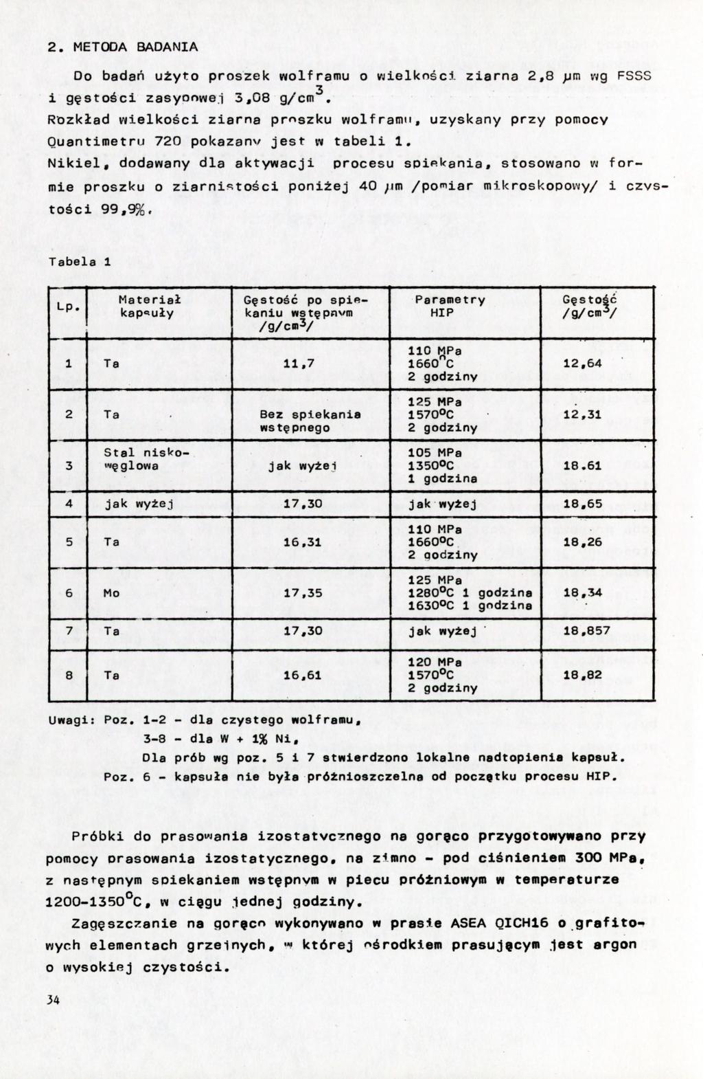 2. METODA BADANIA Do badań użyto proszek wolframu o wielkości ziarna 2,8 ptn wg FSSS i gęstości zasyoowei 3,08 g/ctn^.