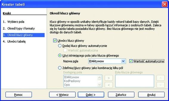 Tworzenie tabeli za pomocą kreatora klucz główny Dodaj klucz główny automatycznie - Program doda do tabeli dodatkowe pole, które będzie kluczem głównym.