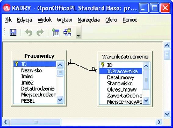 Definiowanie relacji Po zdefiniowaniu relacji, na schemacie pojawia się linia łącząca wybrane pola obu tabel. Program automatycznie określa rodzaj relacji, jeden do wielu lub jeden do jednego.