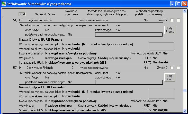 Rys.10. Definicje nowych składników wynagrodzenia. Definicje składników należy wprowadzać precyzyjnie zgodnie z powyższymi ekranami.