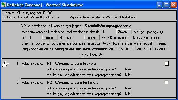 Rys.21. Definicja zmiennej 'SUM: wynagrodz. EURO'. Następne 4 zmienne to zmienne wyliczające zależności funkcyjne (sposób wprowadzania 'Funkcja zmiennych').