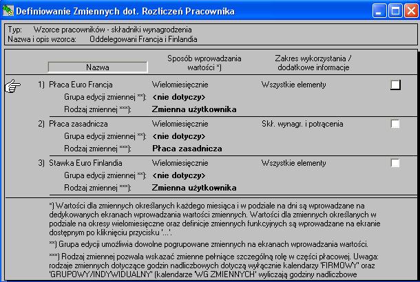 Rys.27. Zmienne przypisane do wzorca 'Oddelegowani Francja i Finlandia'. Szczegóły wzorca można wprowadzić po wybraniu przycisku 'Szczegóły...' z prawej strony wzorca.