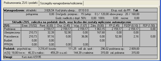 podsumowanie składek ZUS i podatku na ekranie wprowadzania danych.