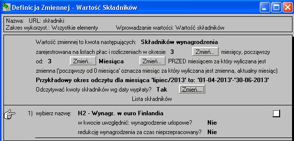 'URL: wyn. urlop EURO' to funkcja wyliczająca wynagrodzenie urlopowe przysługujące z tytułu wypłat za okres oddelegowania. Rys.38. Definicja zmiennej 'URL: godziny przeprac.