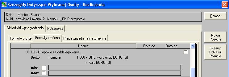 W efekcie otrzymywana jest przysługująca kwota urlopowego wyrażona w EURO. Po zdefiniowaniu zmiennych, wynagrodzenie urlopowe należy dopisać do rozliczeń w kartotece pracownika.