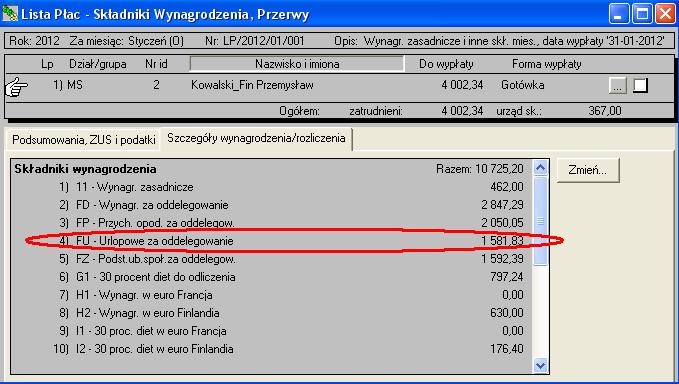 zaczęty 21-01-2012. Rys.43. Prawidłowo skonfigurowany składnik 'Urlopowe za oddelegowanie' pojawia się w oddzielnej pozycji na liście płac.