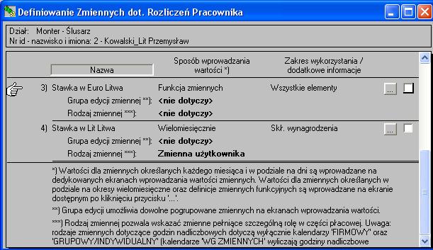 Rys.47. Dwie nowe zmienne w kartotece pracownika: 'Stawka w Lit Litwa', oraz 'Stawka w Euro Litwa'.