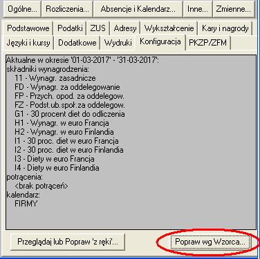 Rys.52. Kopiowanie zmienionego wzorca składników do kartotek zatrudnionych - przycisk 'Popraw wg Wzorca...' na zakładce 'Konfiguracja' w kartotece. Rys.53.