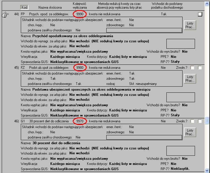 Rys.54. Zmiana kolejności wyliczania dla trzech składników: 'FP - Przych. opod. za oddelegow.' na 9990, 'FZ - Podst.ub.społ.za oddelegow.' na 9980, oraz 'G1-30 procent diet do odliczenia' na 9970.