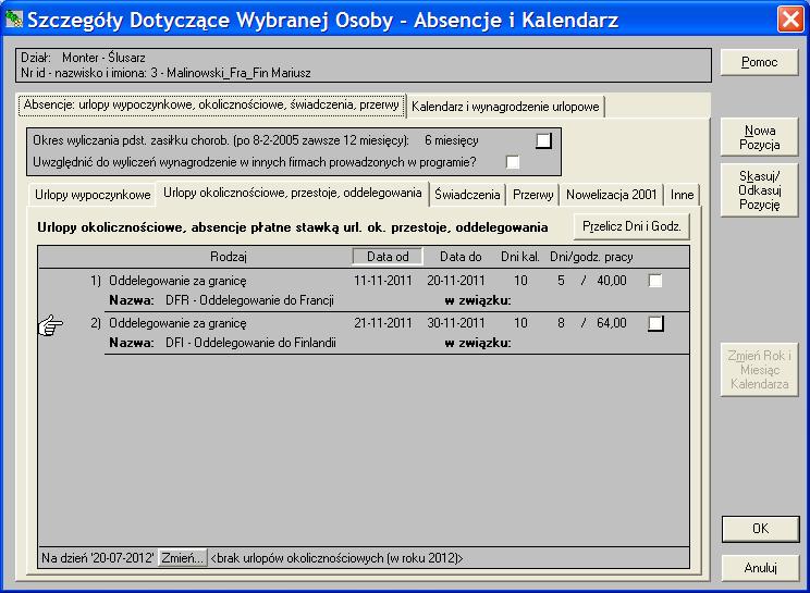 Rys.4. Wprowadzenie okresów oddelegowania do kartoteki pracownika, po wybraniu przycisku 'Absencje i Kalendarz'.