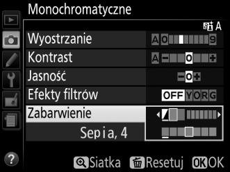A Efekty filtrów (tylko Monochromatyczne) Opcje w tym menu symulują wpływ kolorowych filtrów na fotografie monochromatyczne.
