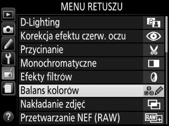 Tworzenie wyretuszowanych kopii Aby utworzyć wyretuszowaną kopię: 1 Wyświetl opcje retuszu. Wyróżnij żądaną pozycję menu retuszu i naciśnij przycisk 2. 2 Wybierz zdjęcie.