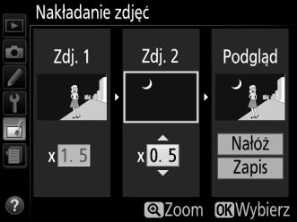 3 Wybierz drugie zdjęcie. Wybrane zdjęcie zostanie wyświetlone jako Zdj. 1. Wyróżnij Zdj. 2 i naciśnij J. Następnie wybierz drugie zdjęcie zgodnie z opisem w kroku 2. 4 Dostosuj wzmocnienie.