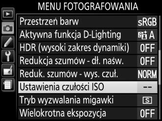 A Automatyczny Po przekręceniu pokrętła trybu pracy w położenie P, S, A lub M po wybraniu opcji Automatyczny dla czułości ISO w innym trybie, przywrócona zostanie czułość ISO wybrana jako ostatnia w