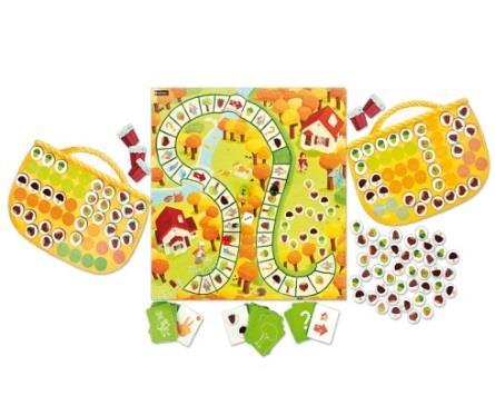 Jest 5 różnych koszy do których dziecko sortuje odpowiednio śmieci z pośród 20 kolorowych ilustracji przedstawiających: papier, szkło, plastik, bio oraz odpady z ogrodu.