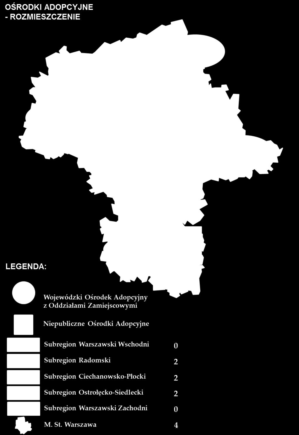 SCHEMAT OBRAZUJĄCY LOKALIZACJĘ OŚRODKÓW ADOPCYJNYCH NA MAZOWSZU Mimo, że adopcja realizowana jest po zmianach ustawowych z pominięciem rejonizacji zasada ta ma zastosowanie głownie w odniesieniu do