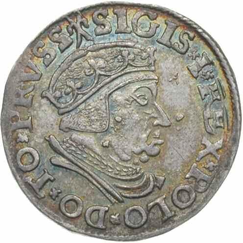 *17. Zygmunt I Stary, trojak 1537, Gdańsk, Aw: Popiersie króla w prawo i napis wokoło SIGIS I REX POLO DO TO PRVSS, Rw: Napis poziomy w w czterech wierszach III / GROSS AR / TRIP CIVI / GEDANEN,