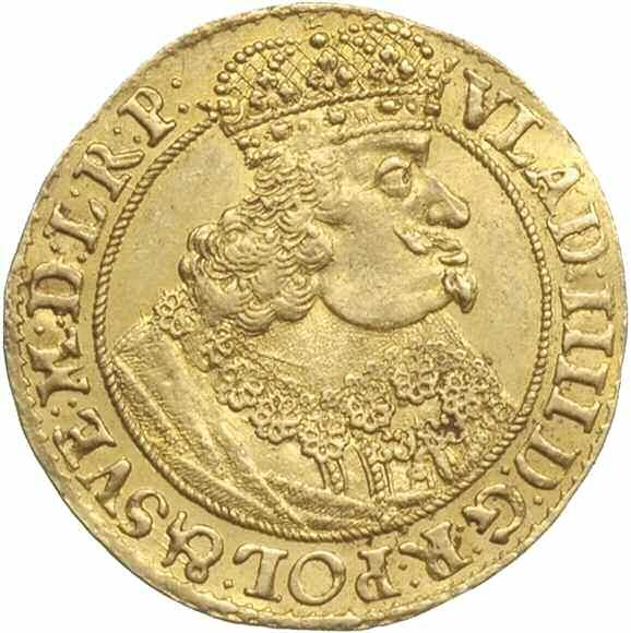 *38. Władysław IV Waza, dukat 1647, Gdańsk, Aw: Popiersie króla w prawo i napis wokoło VLAD IIII D G R POL & SVE M D L R P, Rw: Herb Gdańska, poniżej litery G - R (Gerhard Rogge) i napis wokoło MON