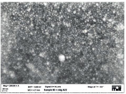 Rys. 6. Struktura ziarnista krystalitów srebra. Ubytek fazy organicznej 64%. Fig. 6. Irregular structure of silver crystallites. Organic phase loss 64%.