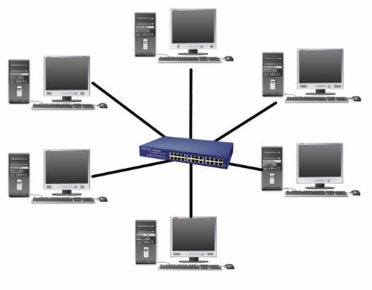 Topologia gwiazdy Podstawowa topologia sieci komputerowych Wszystkie urządzenia połączone w jednym wspólnym punkcie urządzenie pośredniczące (koncentrator) pełniący rolę regeneratora