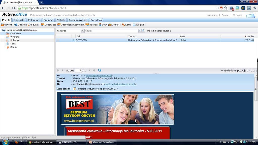 W temacie wiadomości pojawi się