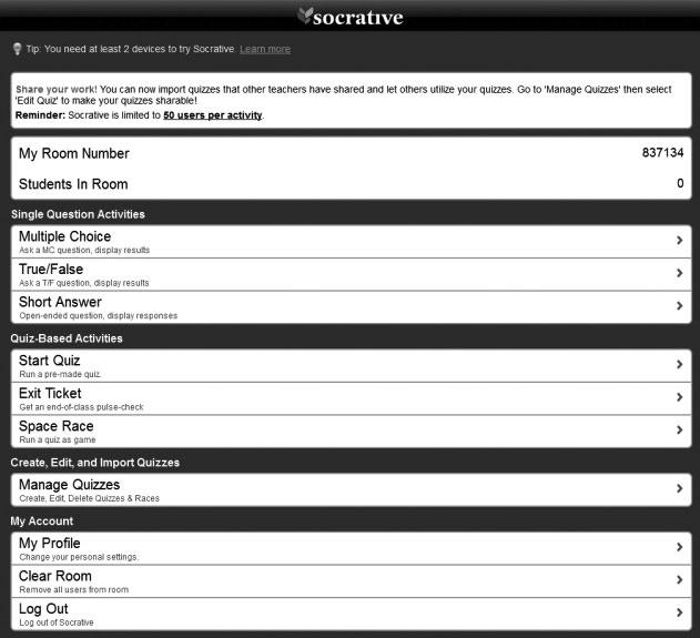 nowe technologie informacyjno-komunikacyjne (TIK) w edukacji dzieci 99 Rys. 6. Panel zarządzania w aplikacji Socrative Źródło: zrzut ekranu.
