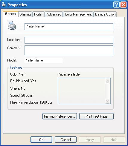 USTAWIENIE Z POZIOMU OKNA CONTROL PANEL (PANEL STEROWANIA) SYSTEMU WINDOWS Po otwarciu okna Properties (Właściwości) drukarki bezpośrednio z systemu Windows, a nie z poziomu programu, można